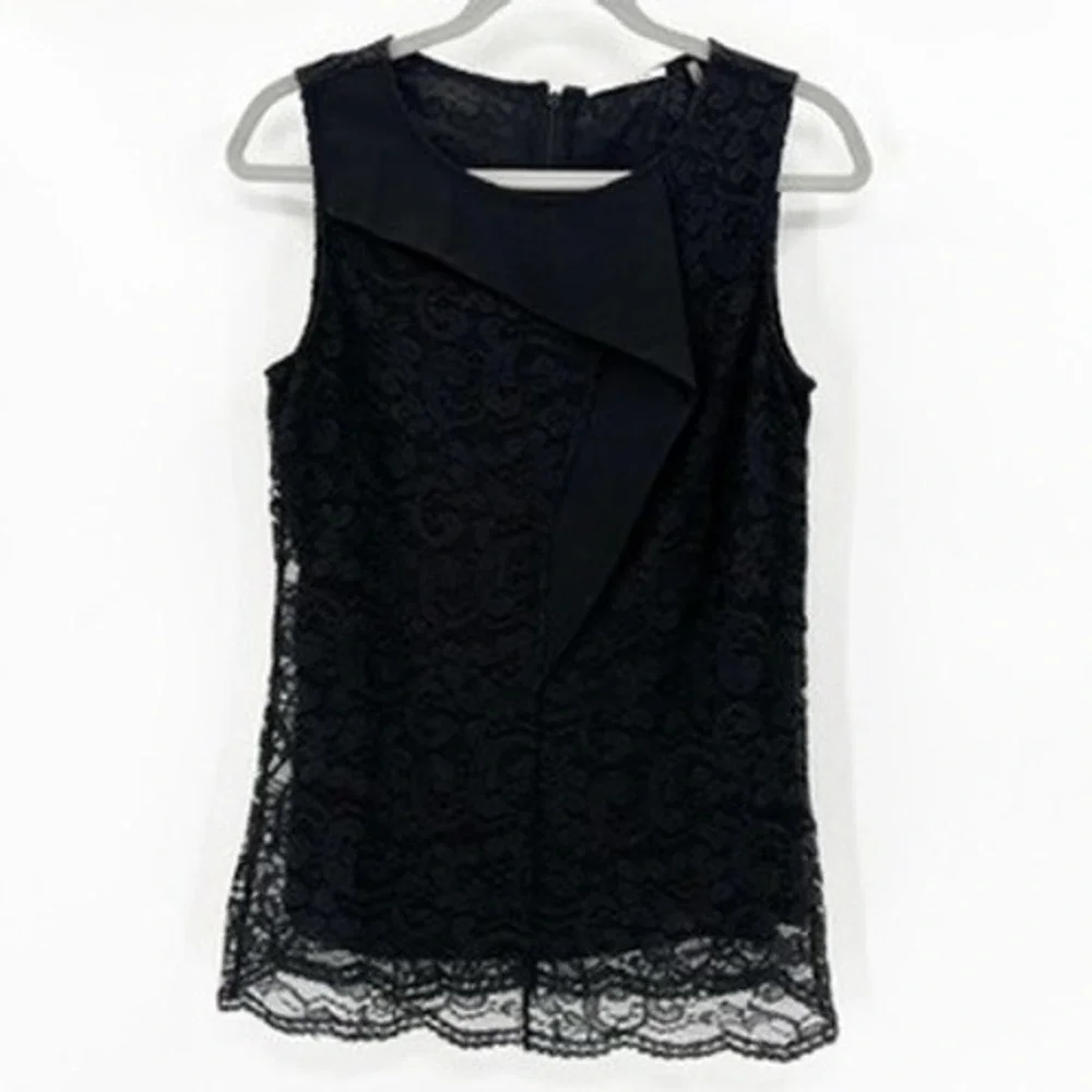Tahari Black Lace Overlay Sleeveless Top Sheath Style Zipper Back Women's Size 4